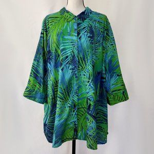 Catherines Leaf Print Tropical Button Down Shirt With Roll Tab Sleeves